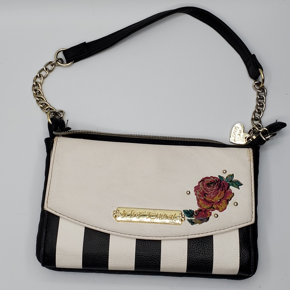 BETSEY JOHNSON Striped Floral Embroidered Purse 8.25 By 6 By 2